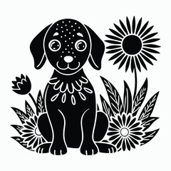 Naklejka premium Cute cartoon puppy character with flowers