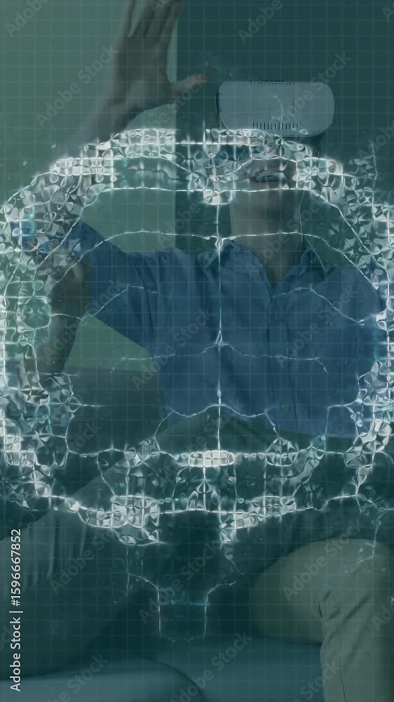 Poster animation of brain scan and medical data processing on interface, over man and woman in vr headsets