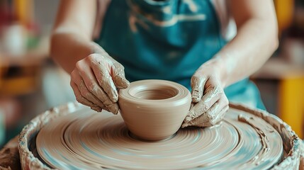 Woman working on a pottery wheel, focused, creative craft, tactile