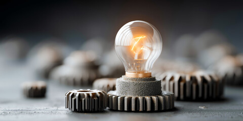 Futuristic Filament Bulb Surrounded by Animated Digital Cogs and Flowing Code Streams