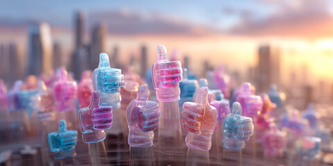 Holographic Thumbs-Up and Like Icons Hovering Above Urban Skyline in 3D Tech Display