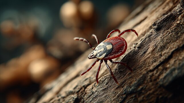 Tick on rough tree bark in natural woodland habitat