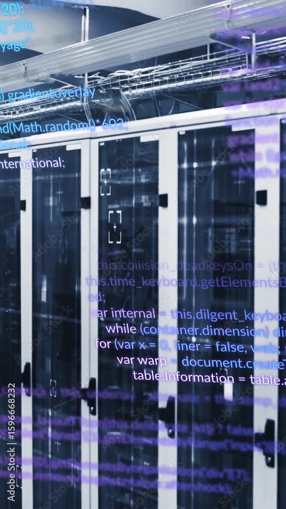 Poster Animation of multicolored computer language over data server racks in server room