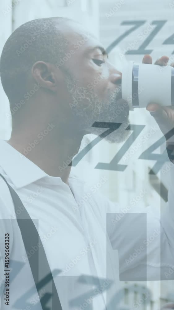 Poster animation of graphs and changing numbers, senior african man using cellphone while drinking coffee
