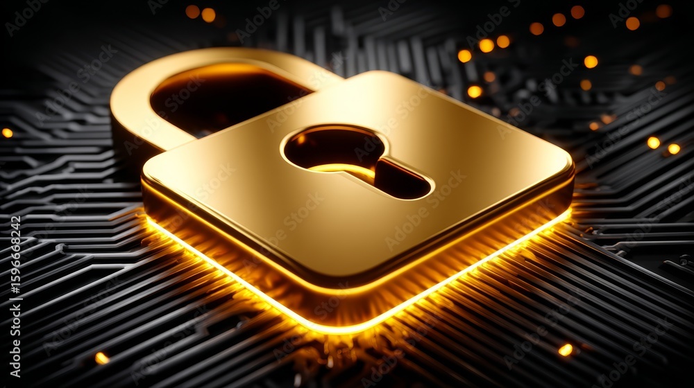 Poster golden lock secures circuitry, a visual representation of data protection, cybersecurity, and networ