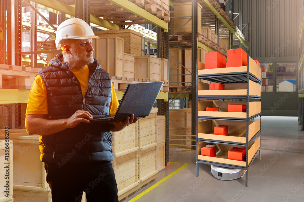Poster warehouse worker using a laptop monitors an autonomous robot transporting shelves with packages in a