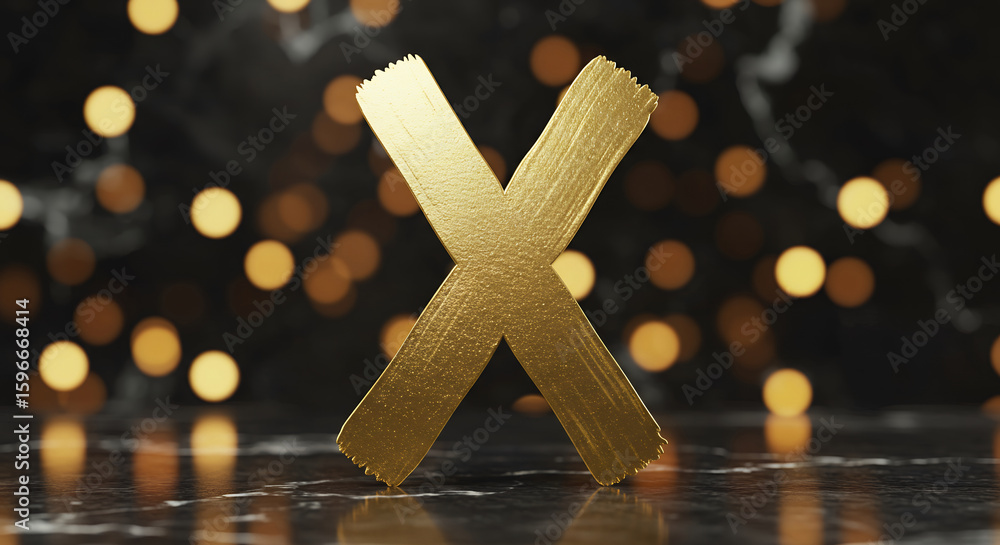 Poster golden x with brushstroke texture rests on dark marble against a bokeh background