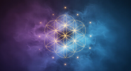 Sacred geometry flower of life symbol with cosmic nebula background