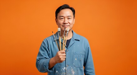 Artistic Asian Man Holding Paintbrushes Ready to Paint Creative Artwork in Studio