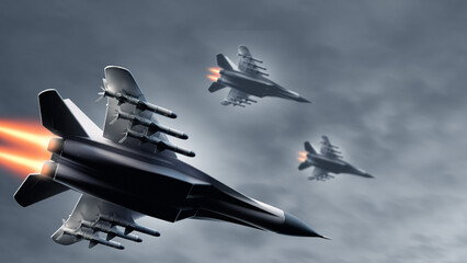 Military fighter jets with missiles fly in formation through cloudy sky, engines blazing. Combat...