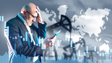 Worried investor checks falling oil prices on tablet with stock chart and pump jack overlay. Market crash, energy crisis, financial loss. Oil trading and global finance.