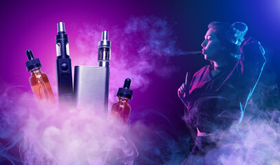 Young woman vaping with colorful smoke, surrounded by electronic cigarettes and e-liquid bottles....