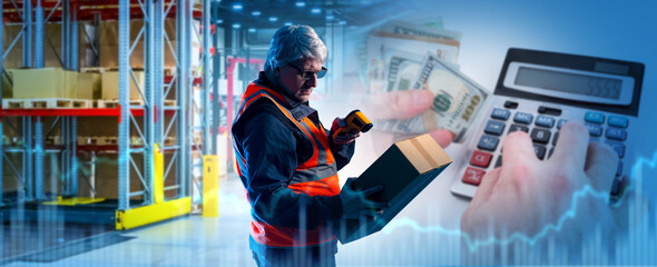 Naklejka premium Warehouse worker scans package with barcode reader, money and calculator overlay symbolize inventory cost, logistics and supply chain. Warehouse operations, logistics and finance.