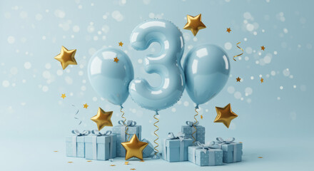 Third birthday celebration with blue balloons and golden stars