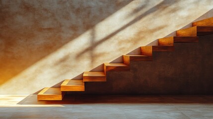 Wooden staircase in sunlit modern interior