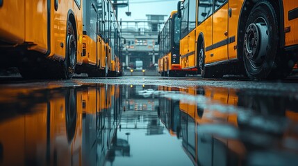 Yellow buses parked in a city depot, reflected in a puddle