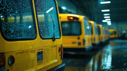 Yellow school buses in a rainy garage