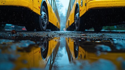 Yellow school buses in a rainy city street, reflected in a puddle