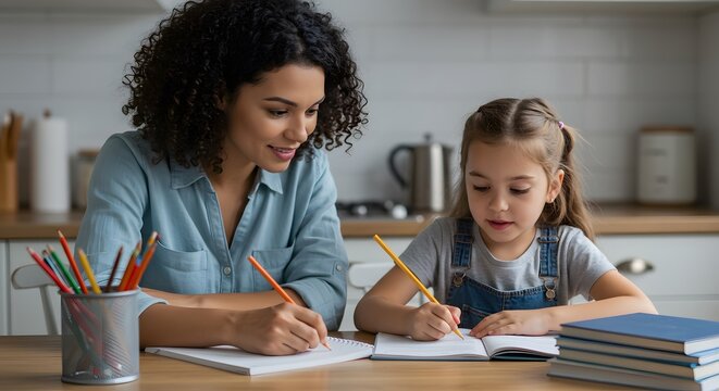 Mother helping daughter with homework