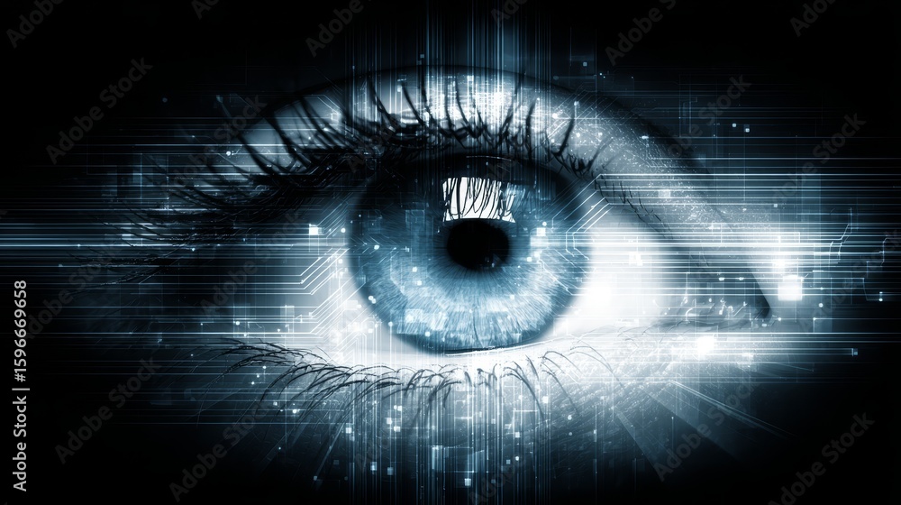 Poster intricate digital pattern enhances closeup view of an eye, exploring the intersection of vision and 