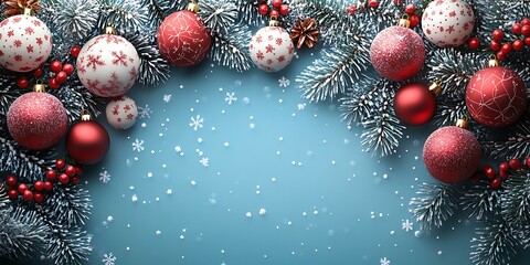 Festive red and white baubles on snow dusted fir branches christmas ornaments