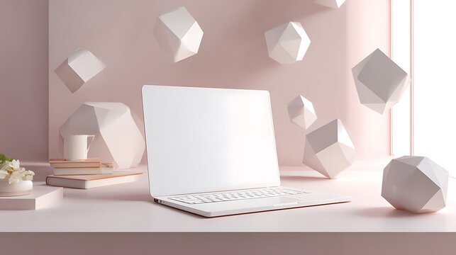 Clean minimalist workspace with white laptop and floating geometric shapes