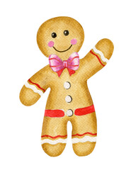 Watercolor gingerbread man isolated on white background.