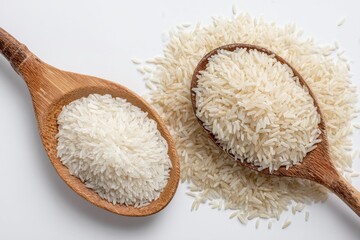 White Rice in Wooden Spoons