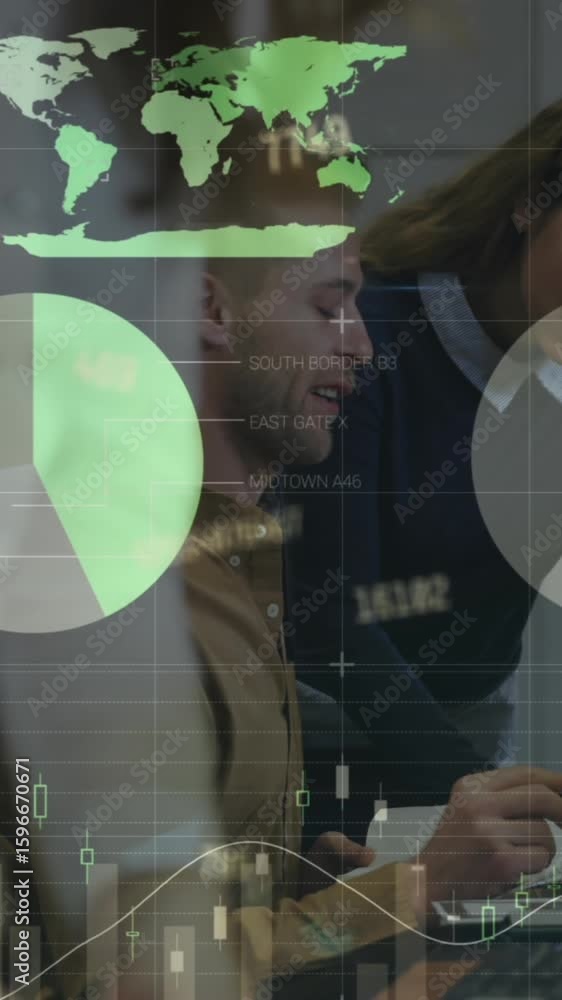 Poster animation of statistical data processing against diverse man and woman discussing at office