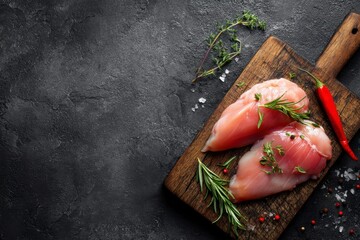 Chicken Breast on Wooden Board with Herbs and Chili Pepper