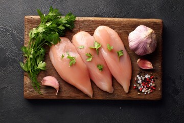 Raw Chicken Breast with Garlic and Parsley on Cutting Board