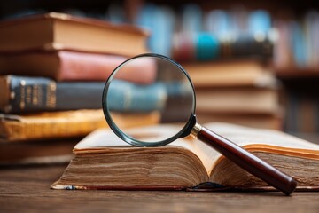 Magnifying Glass on Open Book with Stack in Background