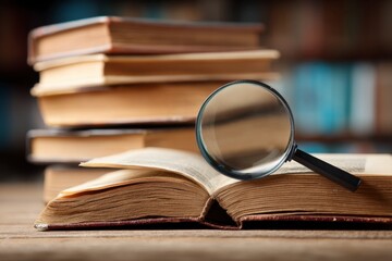 Book with Magnifying Glass on Wooden Table