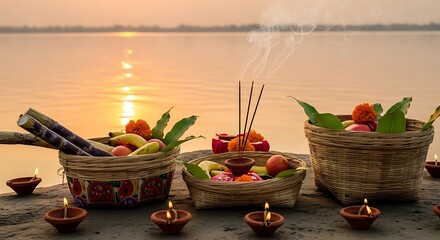 Chhath puja Fruits in soop (Bambbo basket). Happy Chath puja. 
