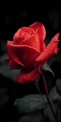 Red Rose with Water Droplets Against Dark Background