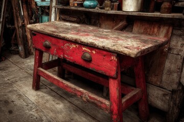 Red Wooden Table with Drawers and Rustic Appearance