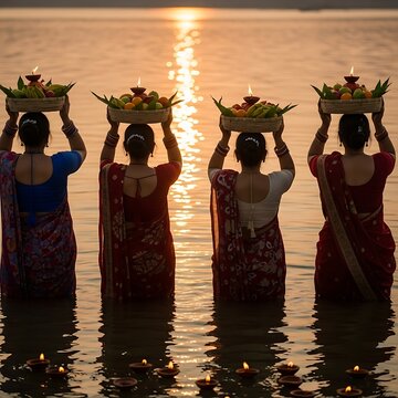 Devotee women giving Arag to the Sun. Happy Chhath Puja, 