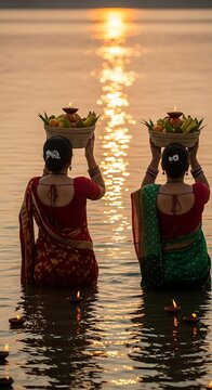 Devotee women giving Arag to the Sun. Happy Chhath Puja, 