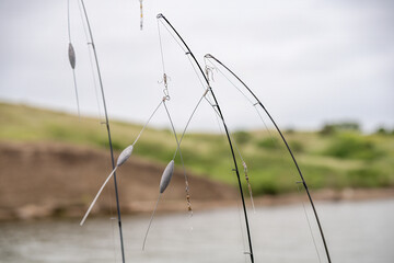 bottom bouncer rigs used for fishing for walleye on poles with an overcast water in the background