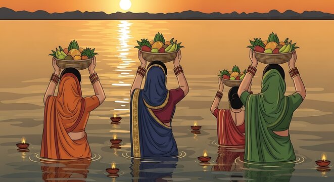 Devotee women giving Arag to the Sun. Happy Chhath Puja, 