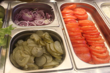 Chopped vegetables in a salad bar. Close-up