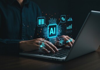 Man interacting with artificial intelligence system on laptop with data