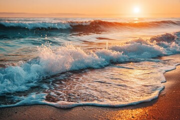 Golden Sunset Waves: Serene Ocean Shoreline at Dawn