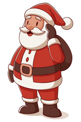 Cheerful Santa Claus Waving with Gift Sack in Flat Vector Style.