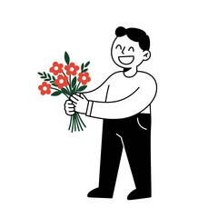 Happy man holding bouquet of flowers with a big smile  