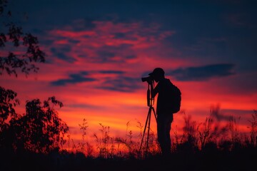 Photographer with Camera on Tripod at Sunset