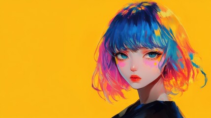 Vibrant anime portrait of a girl with colorful hair against a mustard yellow background.