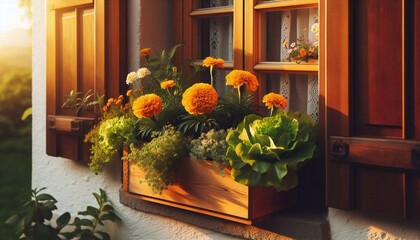 Charming Cottage Window Box with Marigolds and Herbs at Sunset