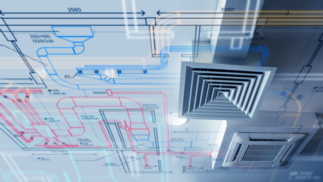 Industrial ventilation system. Vents shafts under ceiling. Air handling unit equipment. Conditioning ducts for enterprise workshop. Ventilation plan. Industrial utilities. Ventilation duct grilles