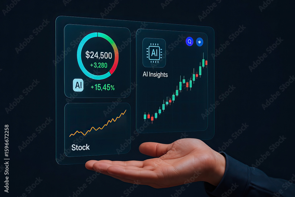 Poster stock market data with ai insights and financial growth charts displayed above open hand on dark bac